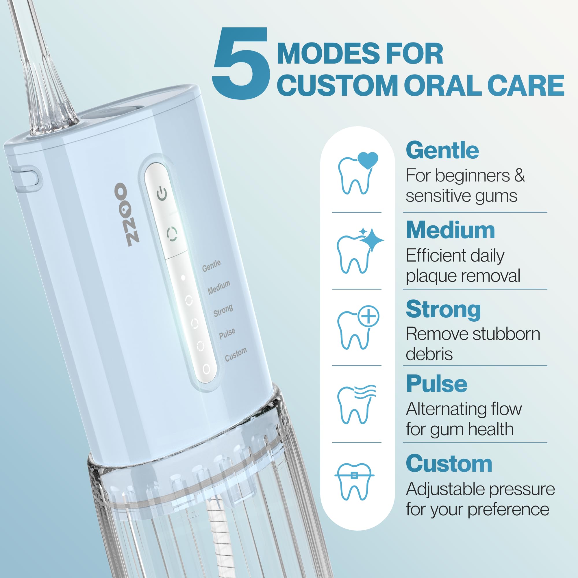 OOZZ Irrigador Bucal de Viaje Inalámbrico 5 Modos 6 Puntas Recargable USB Azul Degradado