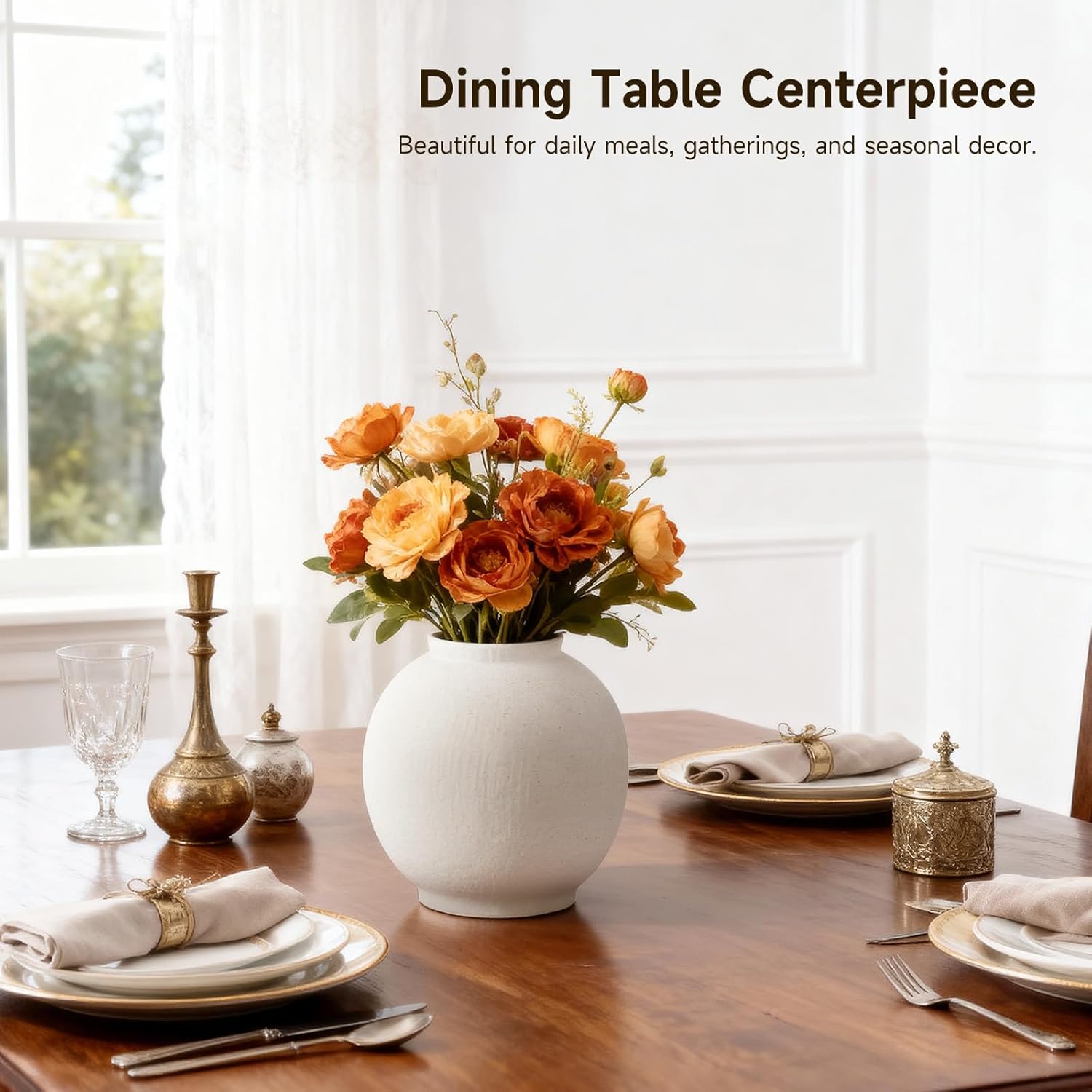 Sandstone Large White Ceramic Vase, 9.8-Inch Matte White Rounded Design for Easy Arranging, Farmhouse & Minimalist Home Decor for Living Room, Mantel, Dining Table, Entryway, Bathroom, Weddings