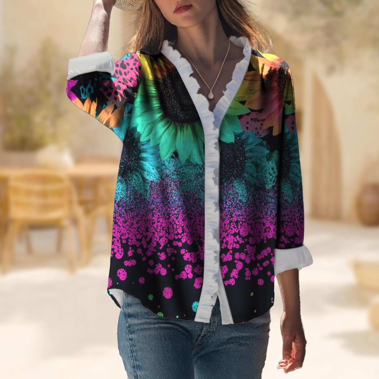 MARSVOVO Trendy Blouses for Women Dressy Casual Button Up Ruffle 3/4 Sleeve Flowy Blouse Summer Tops - Image 2