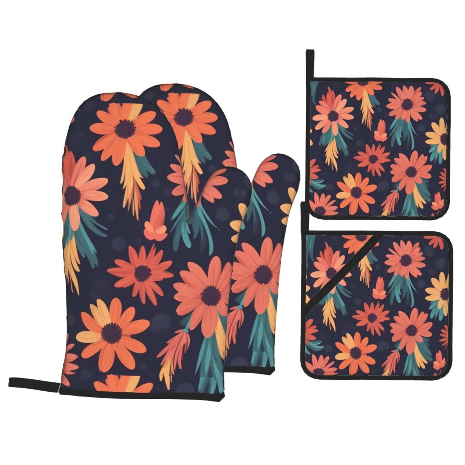 HJFCZH Tassel Flowers Picture Kitchen Baking Set of 4 Thick Insulated Oven Mitt & Pot Holders, Anti-Scalding for Microwave, Oven, Outdoor BBQ