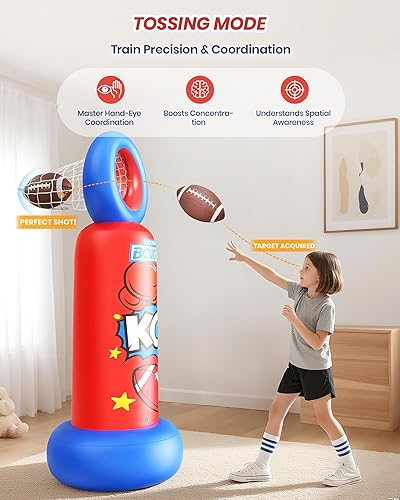 Miniatura 3 de Saco de boxeo inflable para niños, bolsa de boxeo independiente 2 en 1 con juego de lanzamiento de fútbol, juguete de karate taekwondo resistente de