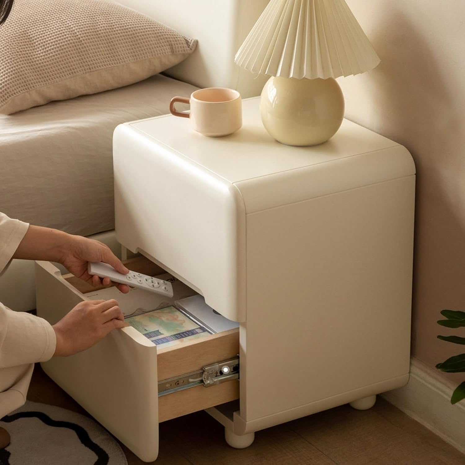Bed Side Table Nightstand Rounded Cube Body Two Drawers Four Spherical Legs for Bedroom Night Stand(Large)