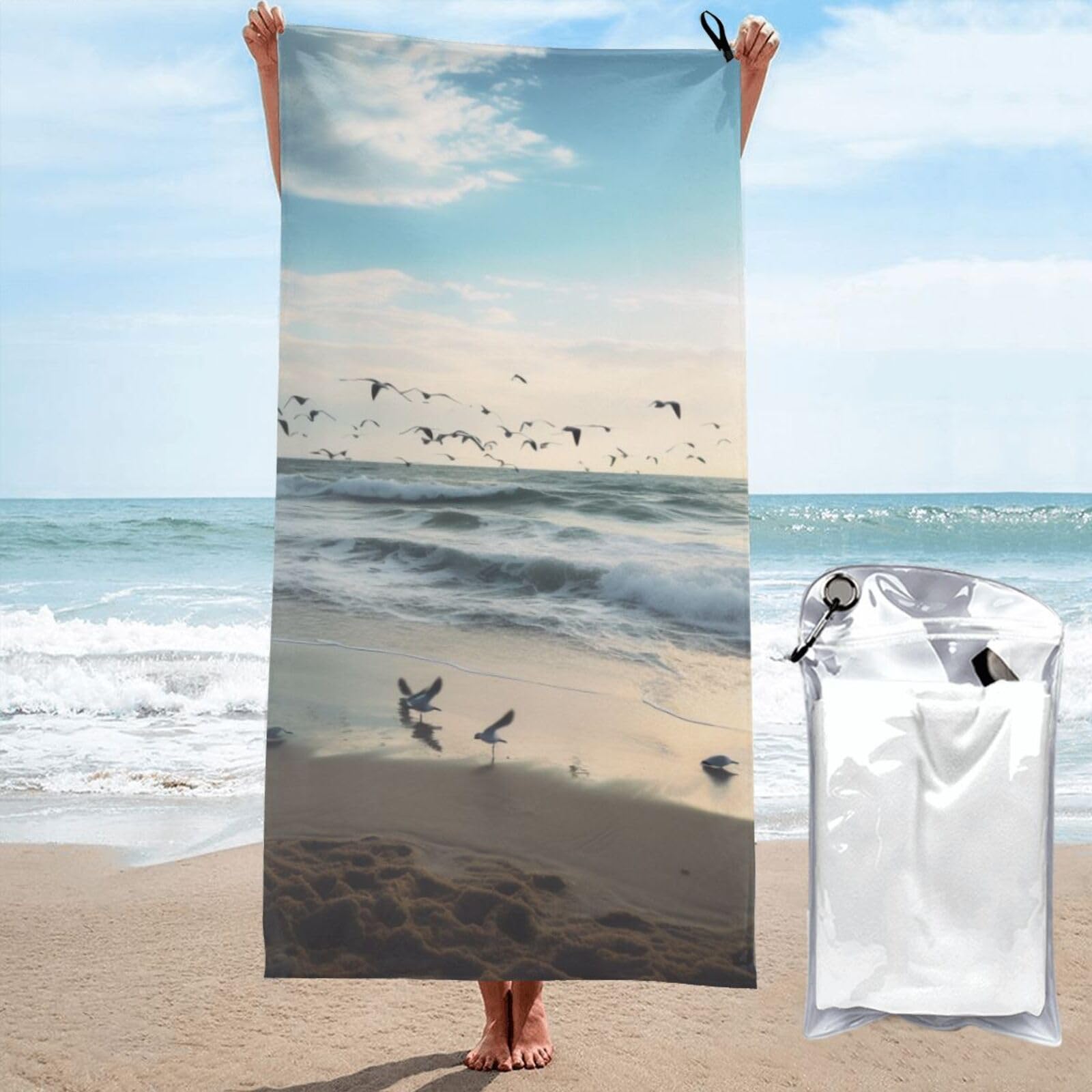 BWWHCCTI The Beach with Sea Birds Printed Microfiber Quick Dry Beach Towel 80x160 CM, Fast Drying Bath Towels with Bags for Travel,Camping,Gym,Beach,Swimming,Yoga