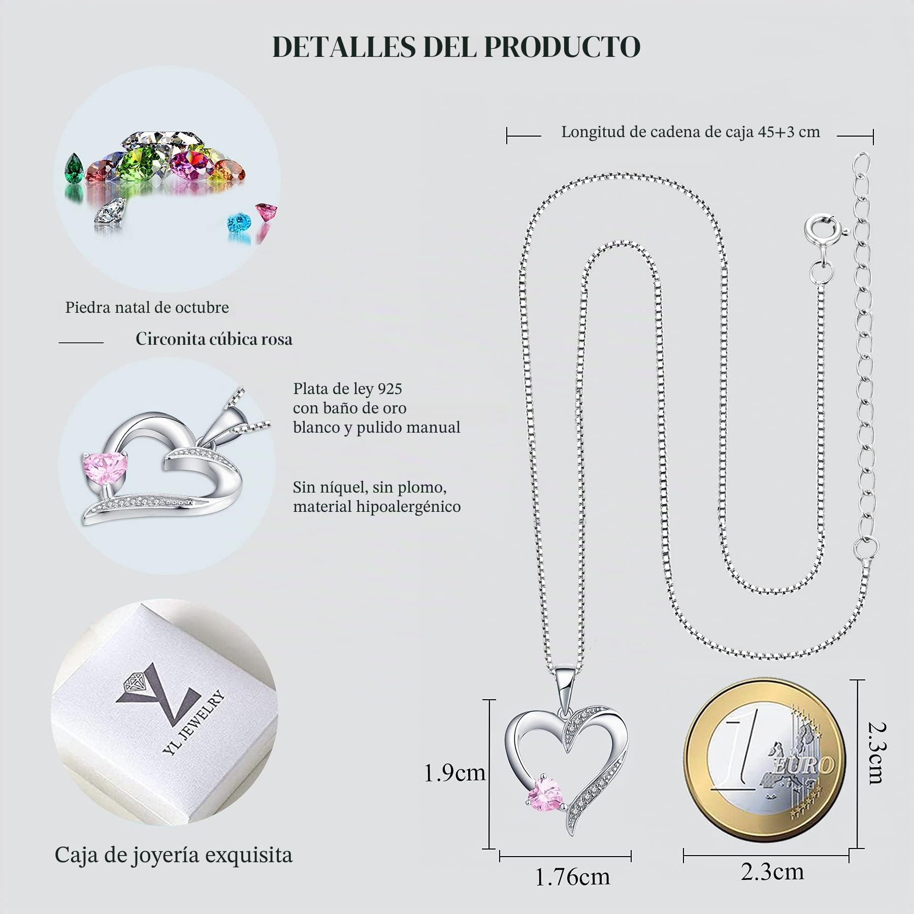 YL Collar de Corazón Plata de Ley 925 con 12 Piedras de Nacimiento Circonita Collar con Colgante de Corazón Doble para Mujer, 45-48cm