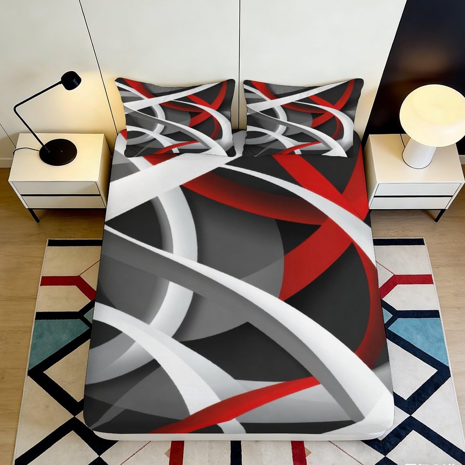 3D Printed Abstract Lines Fitted Sheet Microfiber Soft Breathable Geometric Mattress Cover for Bedroom Dormitory Guest Room Bed Protection 140x200x25cm