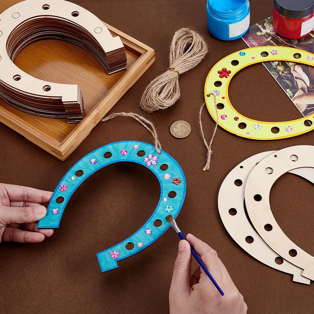 PH PandaHall 24pcs Unfinished Wooden Horseshoe Cutouts, Wood Horseshoe Chips with Jute Cord Blank Horseshoe Slices for Christmas Western Celebration Cowboy Painting Pyrography DIY Crafts Home Decor - Image 3