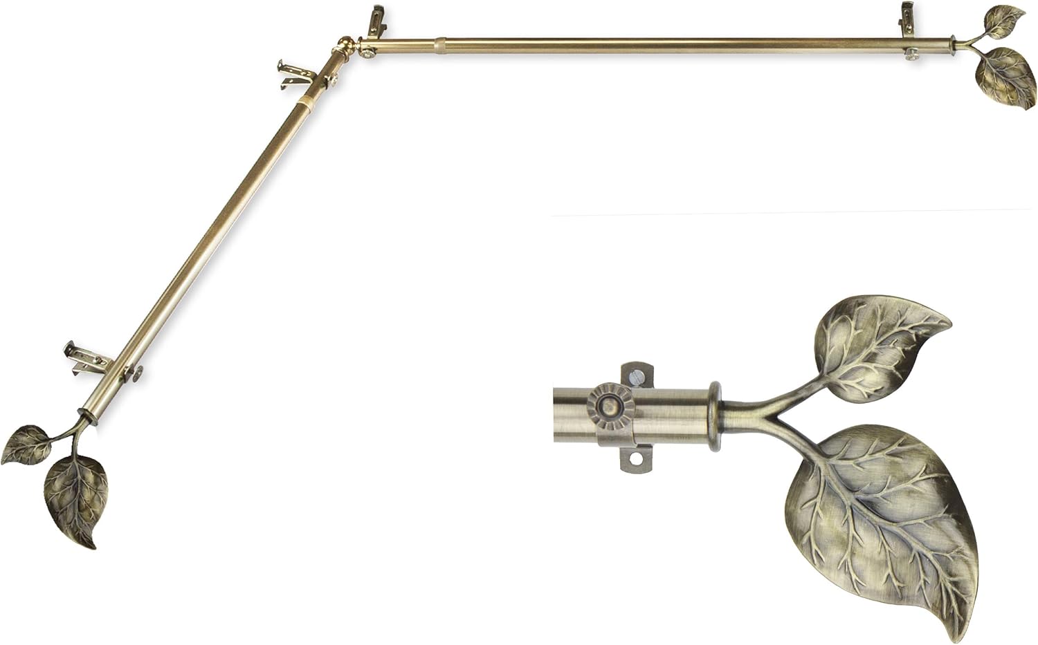 A&F Rod Decor - Leaf Corner Window Curtain Rod 48-84 inch (Each Side) - Antique Brass
