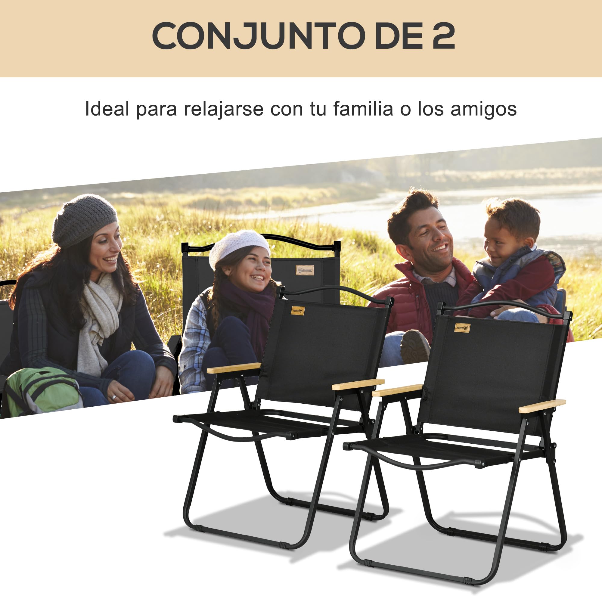 Outsunny Pack de 2 Sillas Plegable de Camping, Sillas de Camping Portátil con Reposabrazos y Estructura de Acero, Silla para Pesca, Jardín, Terraza, Negro