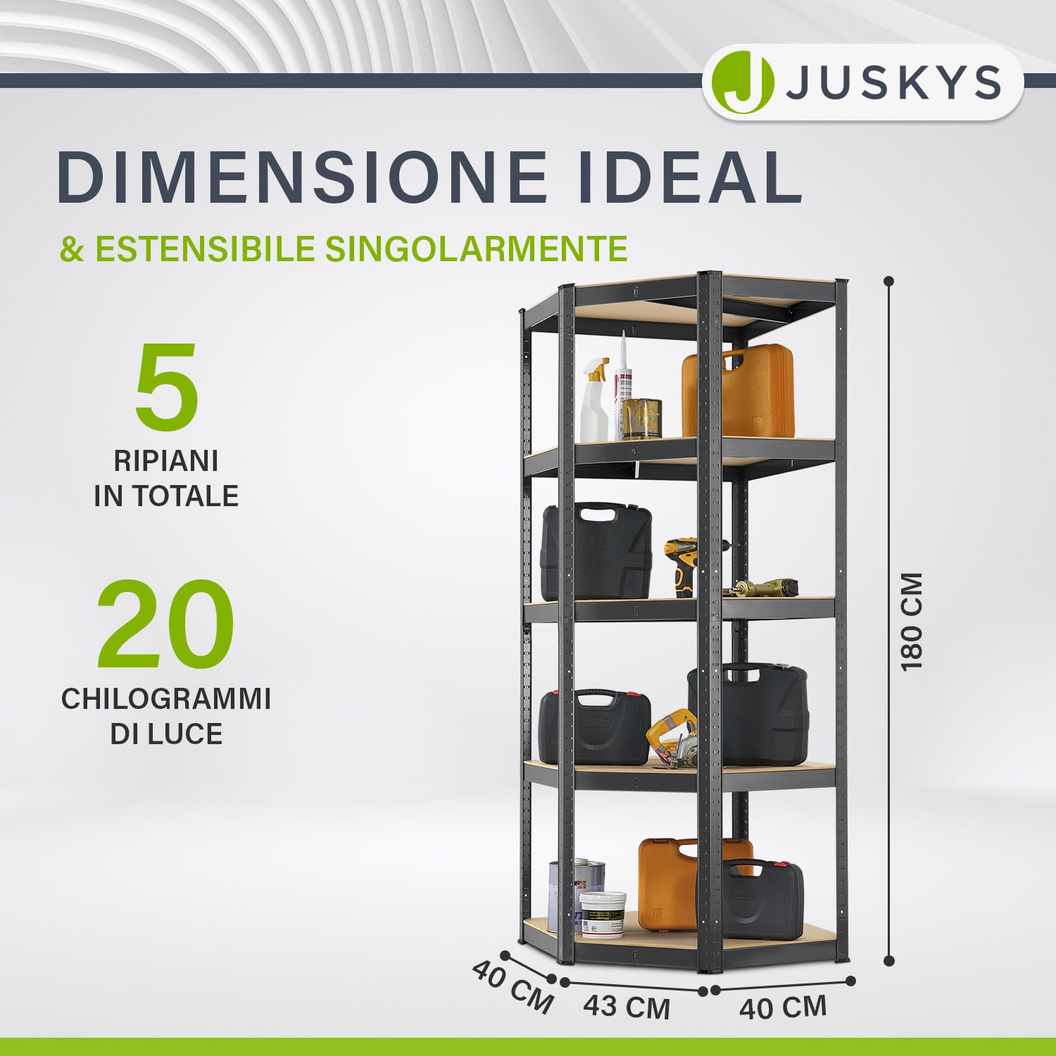 Juskys scaffale ad angolo Corner Basic 180×70×40–70 cm (AxLxP) – 5 ripiani in metallo zincato, portata 875 kg – a innesto per cantina o garage (grigio)