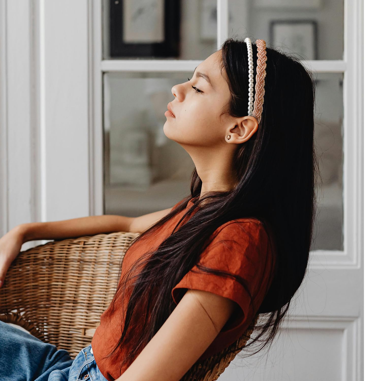 Fashion Headbands for Women Girls Headband Set 7pcs Pearl Headband Floral Hair Bands Padded Headbands for Women Vintage Wide Head band (Caramel) - Image 4