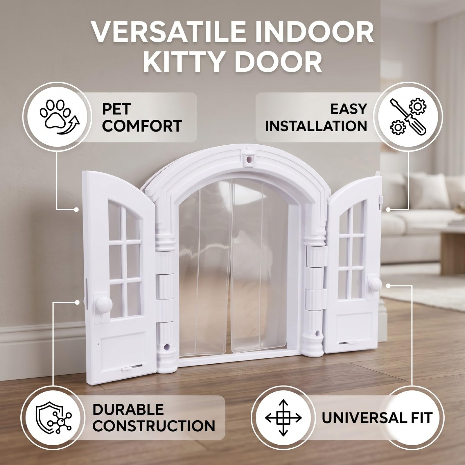 Luocute Katzentür für Katzen und kleine Hunde, glatte Klappe, einfache Installation für Innenwände, vielseitige Indoor-Kitty-Tür für festen oder hohlen Kern, 24 x 27 x 7 cm, Weiß mit Vorhang