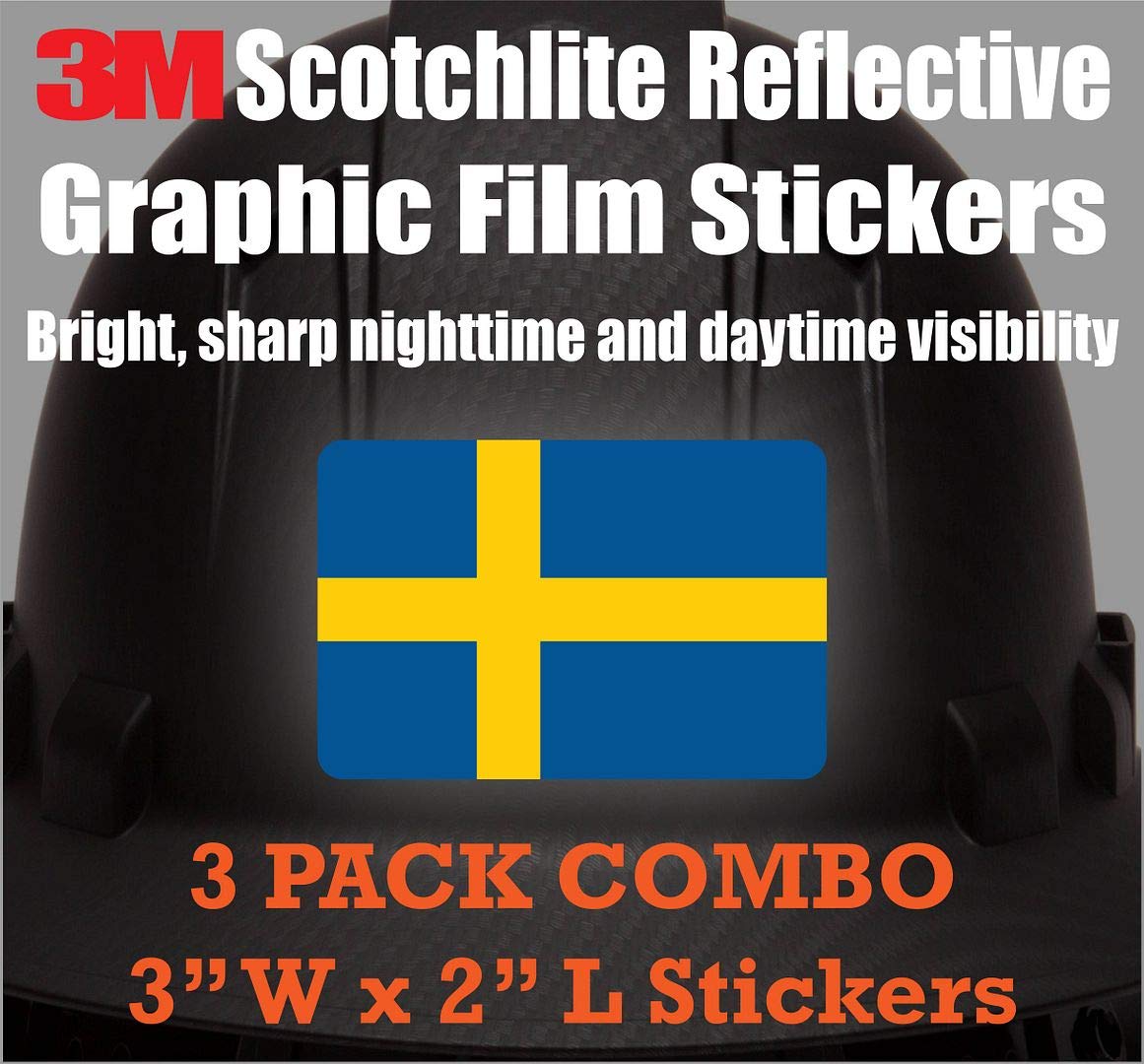 (x3) 3M Reflective Sweden Flag Stickers | Versatile Safety Decals | Flag of Sweden Sticker Decals | Perfect for Hard hats, laptops, bikes, toolboxes and more!