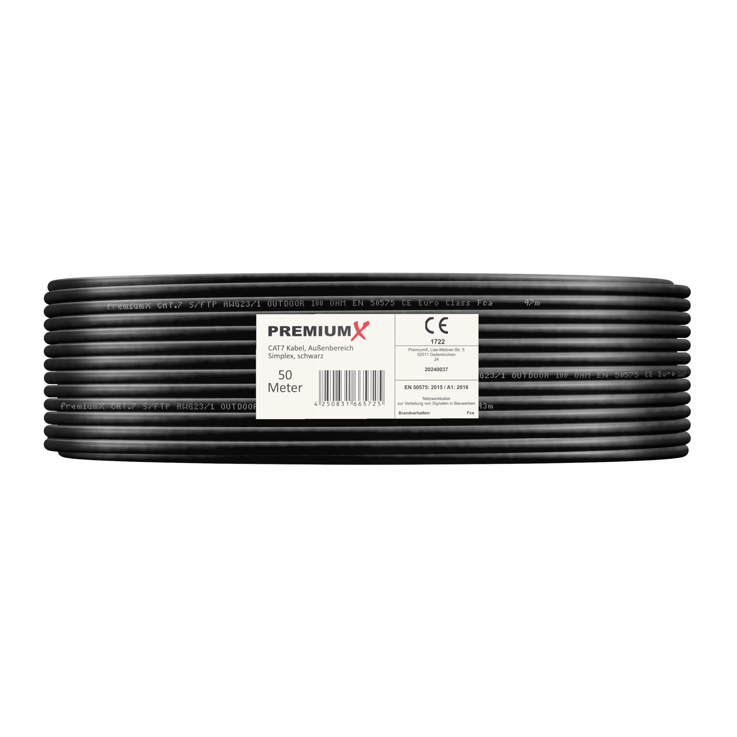 Premium X Cavo di rete CAT 7 per esterni, 50 m, 10 Gbps, cavo dati Ethernet, cavo LAN, per esterni, S/FTP AWG23/1, in rame puro, nero