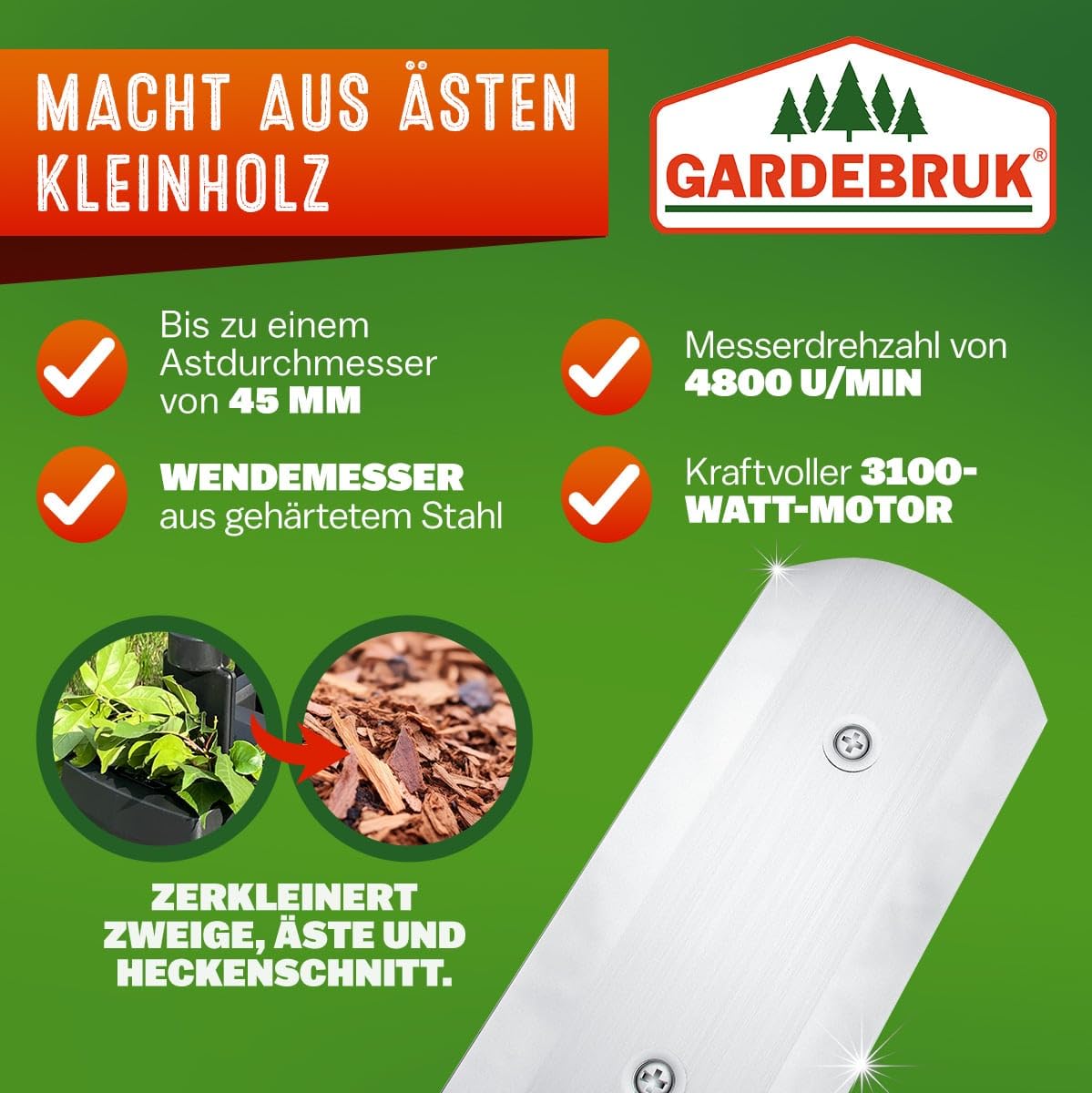 GARDEBRUK® Gartenhäcksler 2400 W 45 mm Aststärke Elektrisch 2x 50 L Auffangbeutel