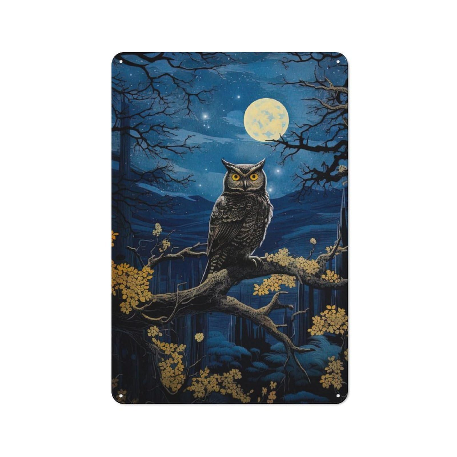 Junmoney Owl Under Moonlight Rustic Metal Sign 30X20cm For Lounge Or Reading Corner, For Reading Corner Decorators