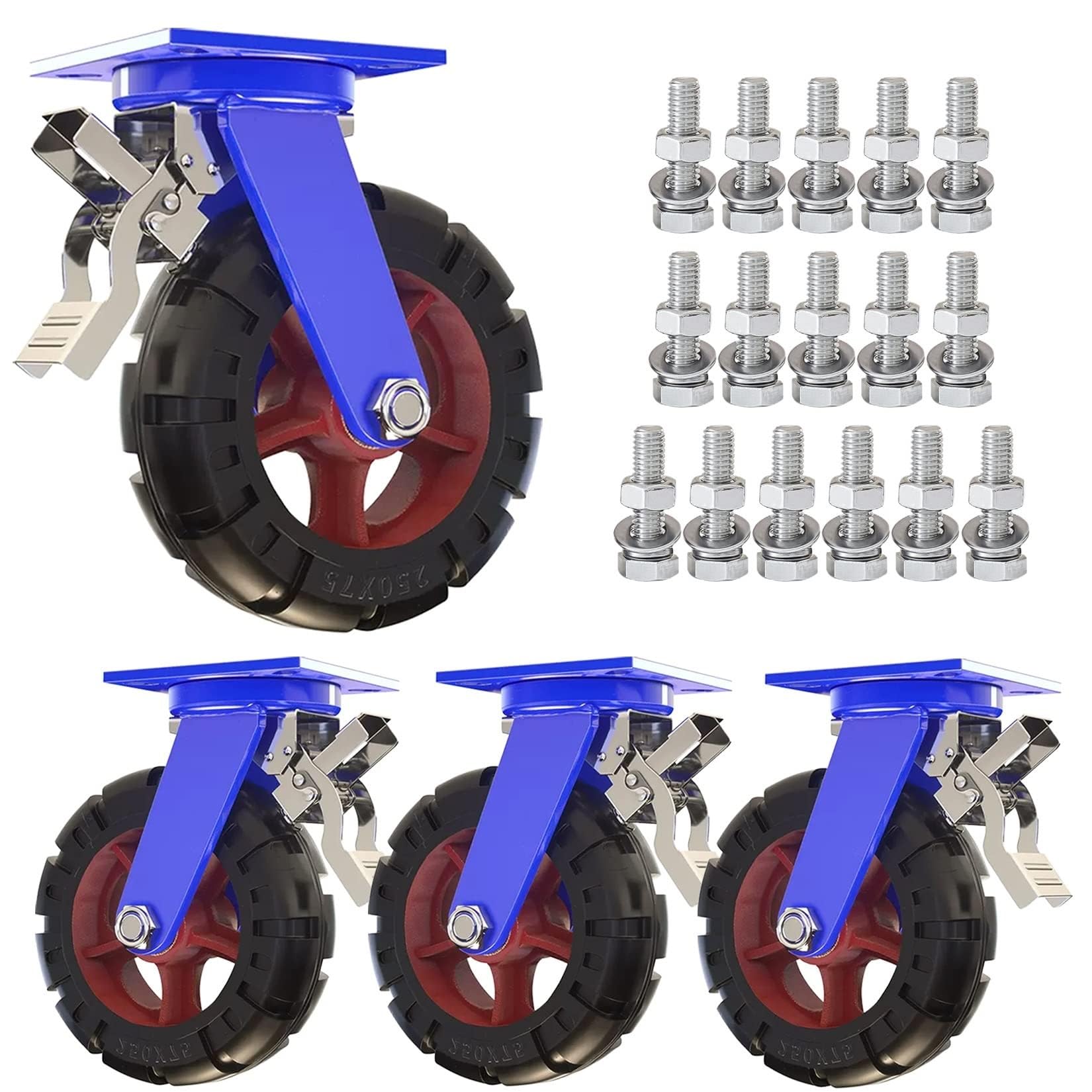 ZGUOUZANTYE Heavy Duty Industrial Swivel Caster Wheels Set Of 4 Solid Rubber Dual Locking Brakes 2000 Lbs Capacity(Brake,Ø250mm/10in)