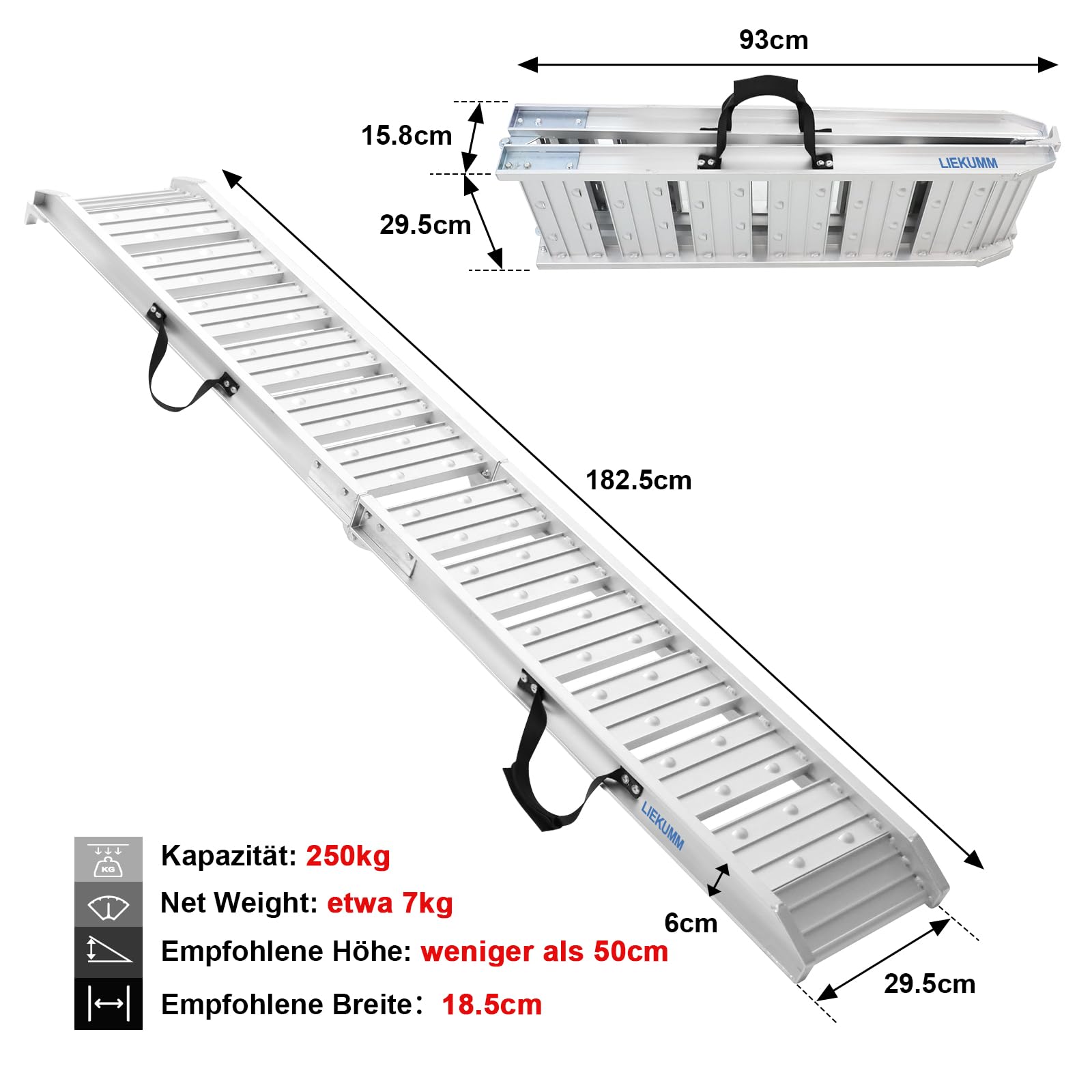 LIEKUMM Rampa de Carga de Aluminio de 180 cm, Capacidad de 250 kg, Rampas de Motocicleta para ATV Camión Scooter Quad Cortacésped y Bicicleta Fordirt, Plegable, 1 Pieza, Plateado