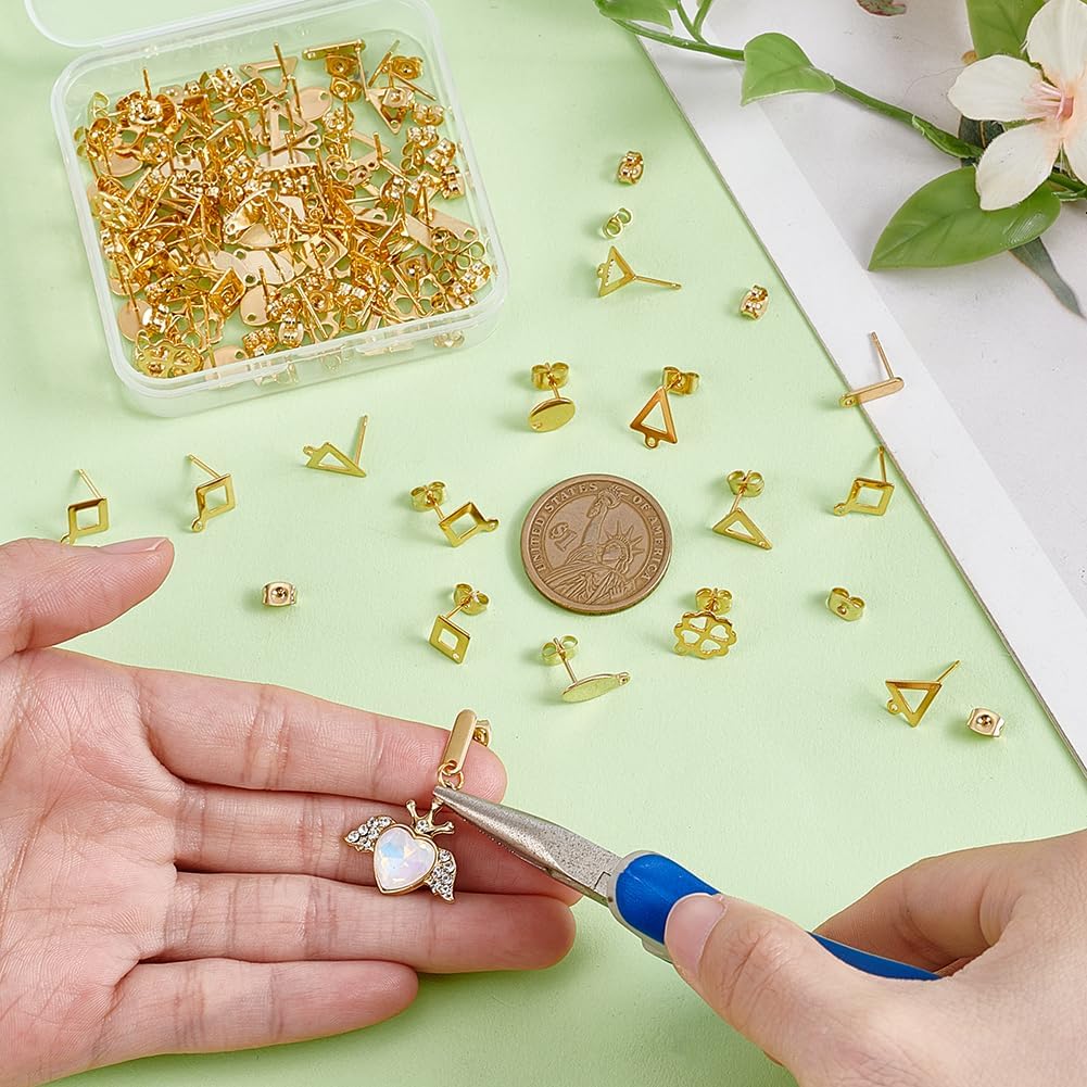 AHANDMAKER 80Pcs Stainless Steel Earring Posts with Loop Hole 8 Styles Golden Oval Flat Round Triangle Rhombus Earring Studs Findings for Jewelry Making Accessories DIY Crafts Supplies - Image 3
