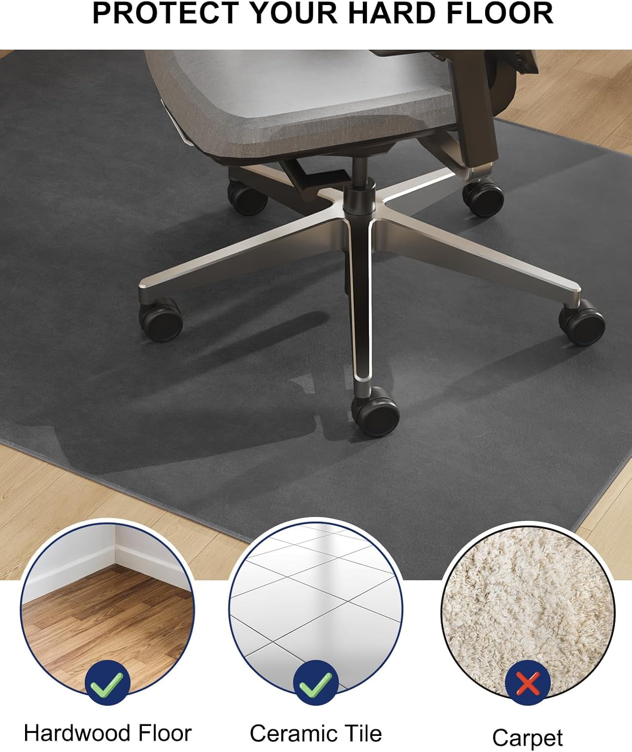SALLOUS Chair Mat for Hard Floors, 36"x48" Washable Chair Mat Under Desk, Smooth Rolling Desk Chair Mat, Anti Slip Hard Floor Protector, Noise Reducing Desk Rug for Home Office Chair (Dark Gray)