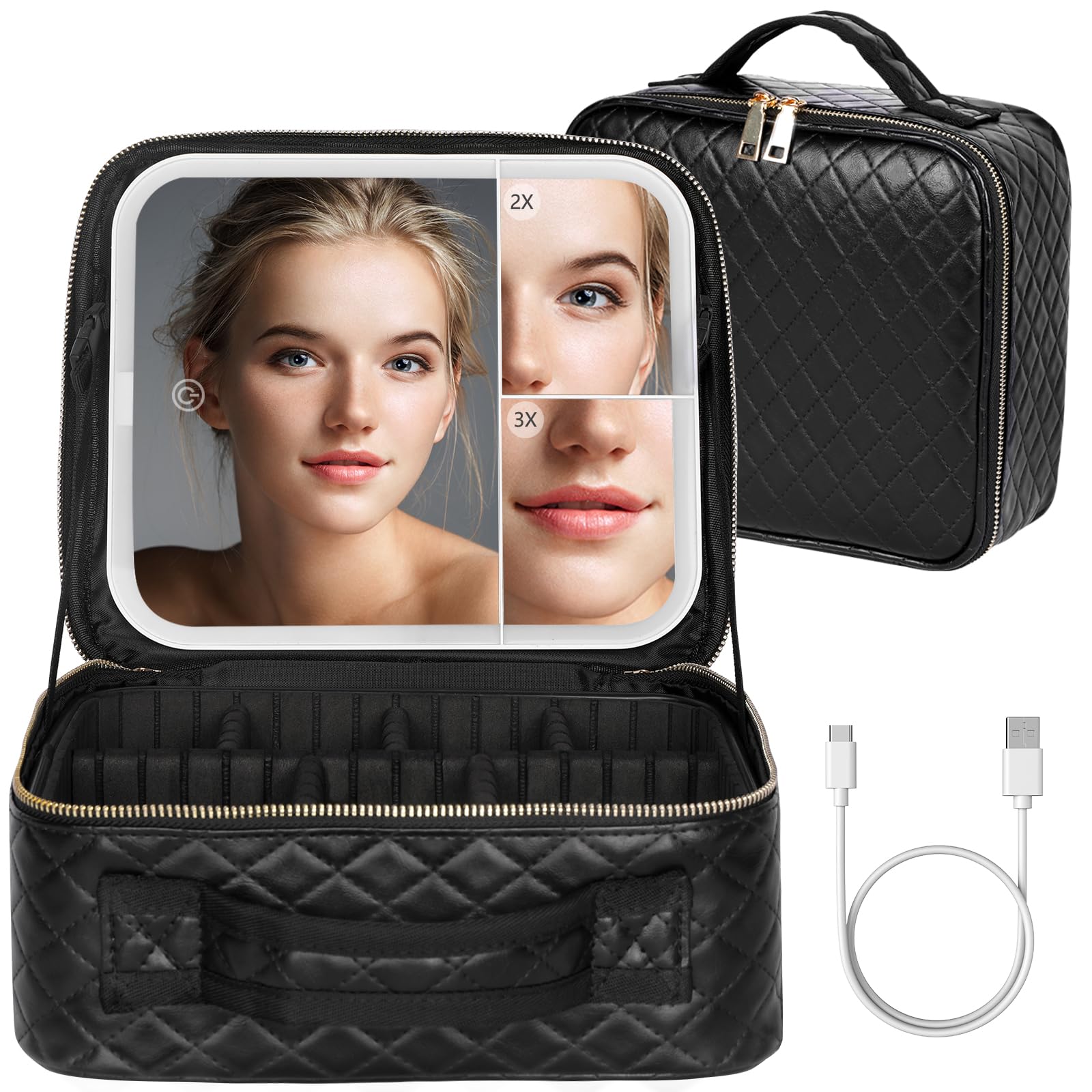 Makeup Bag with LED Lighted Mirror| Portable Makeup Organizer Train Case with 2X/3X Magnification & 3 Color Lights for Precision, Adjustable Brightness| Elegant Gift Packaging, Gift for Women, Black
