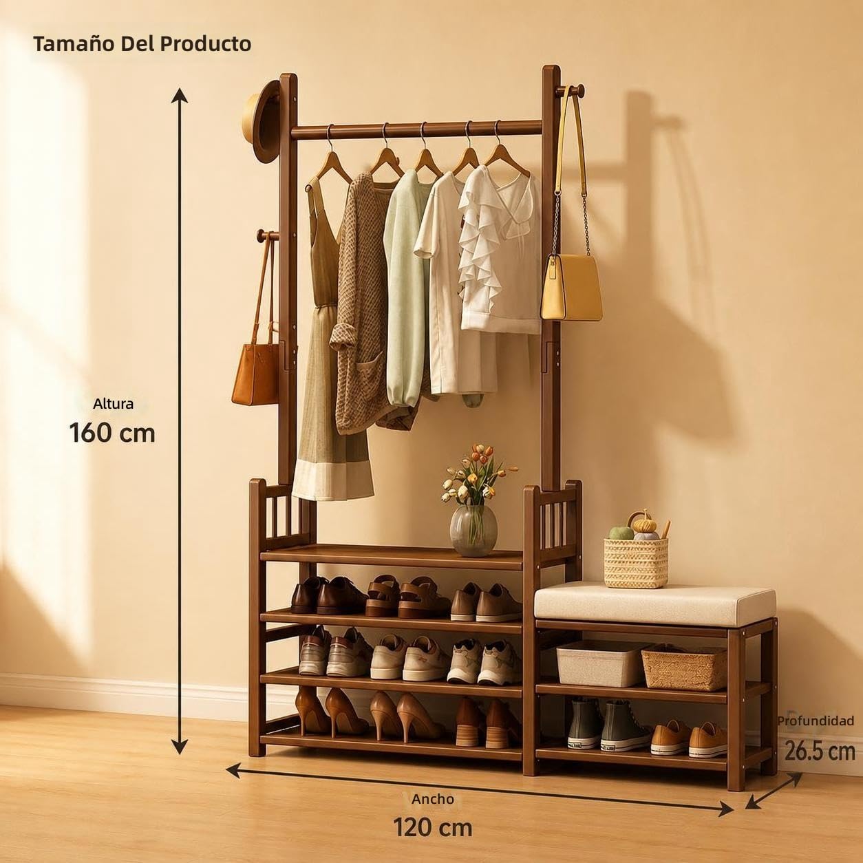 Árbol de Entrada con Perchero, Sombrero y Banco de Zapatos, Mueble de Madera Maciza, Zapatero para casa o vestidor
