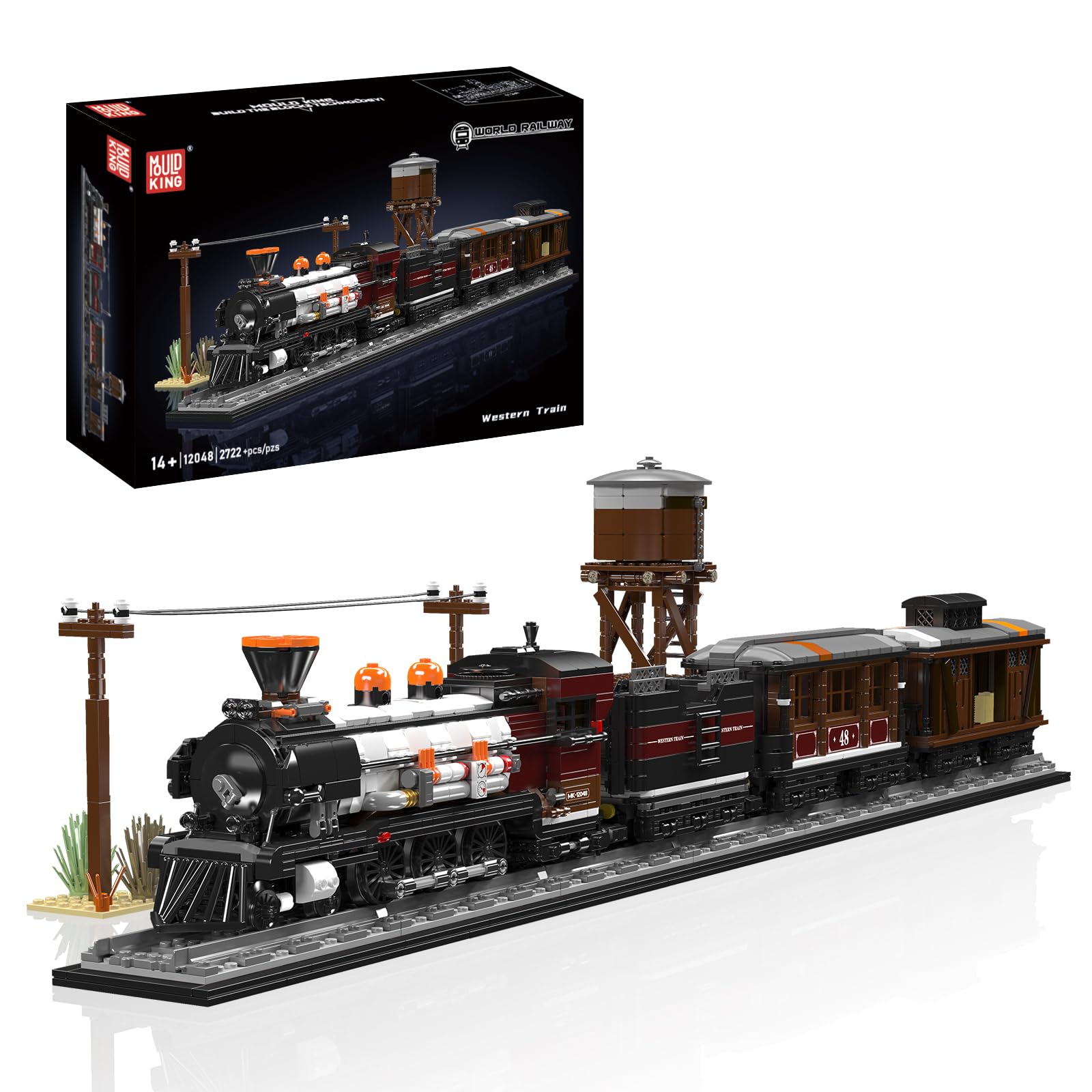 Mould King 12048 Technik Steampunk Dampflok Klemmbausteine Set mit Schienen, Große Lokomotive Modellbau DIY Technik Spielzeug für Erwachsene und Jugendliche, Retro Zug Deko (2722+ Teile)