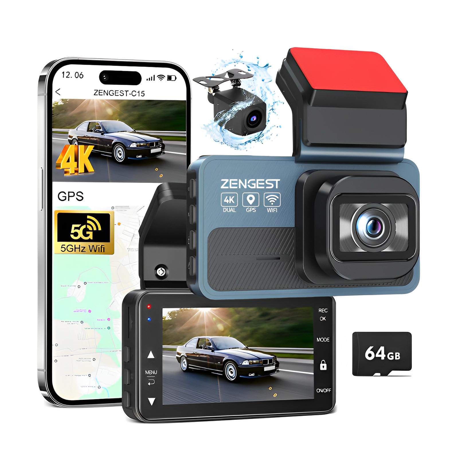 Cámara de salpicadero delantera y trasera, cámara dual para coche 4K, 5 GHz, WiFi GPS, pantalla táctil IPS de 3 pulgadas, 64 GB, visión nocturna, gran angular de 170°, modo de estacionamiento 24H