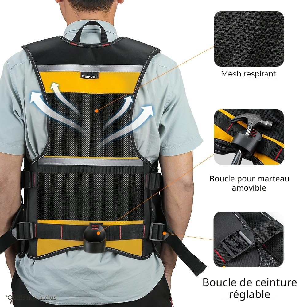WINHUNT Gilet de travail avec plusieurs poches, gilet en tissu Oxford solide, gilet réfléchissant pour électricien, charpentier, travailleur