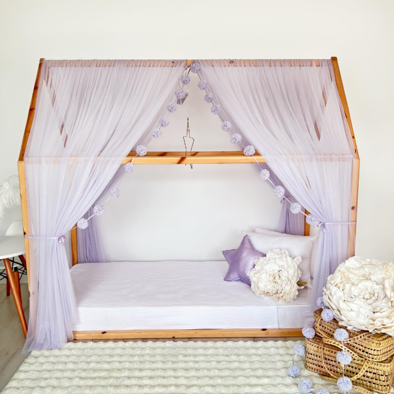 Tenda a baldacchino per letto della cameretta dei bambini, decorazione per letto montessori, tenda da gioco in morbido tulle per bambini piccoli (viola, 380 cm, senza accessori)