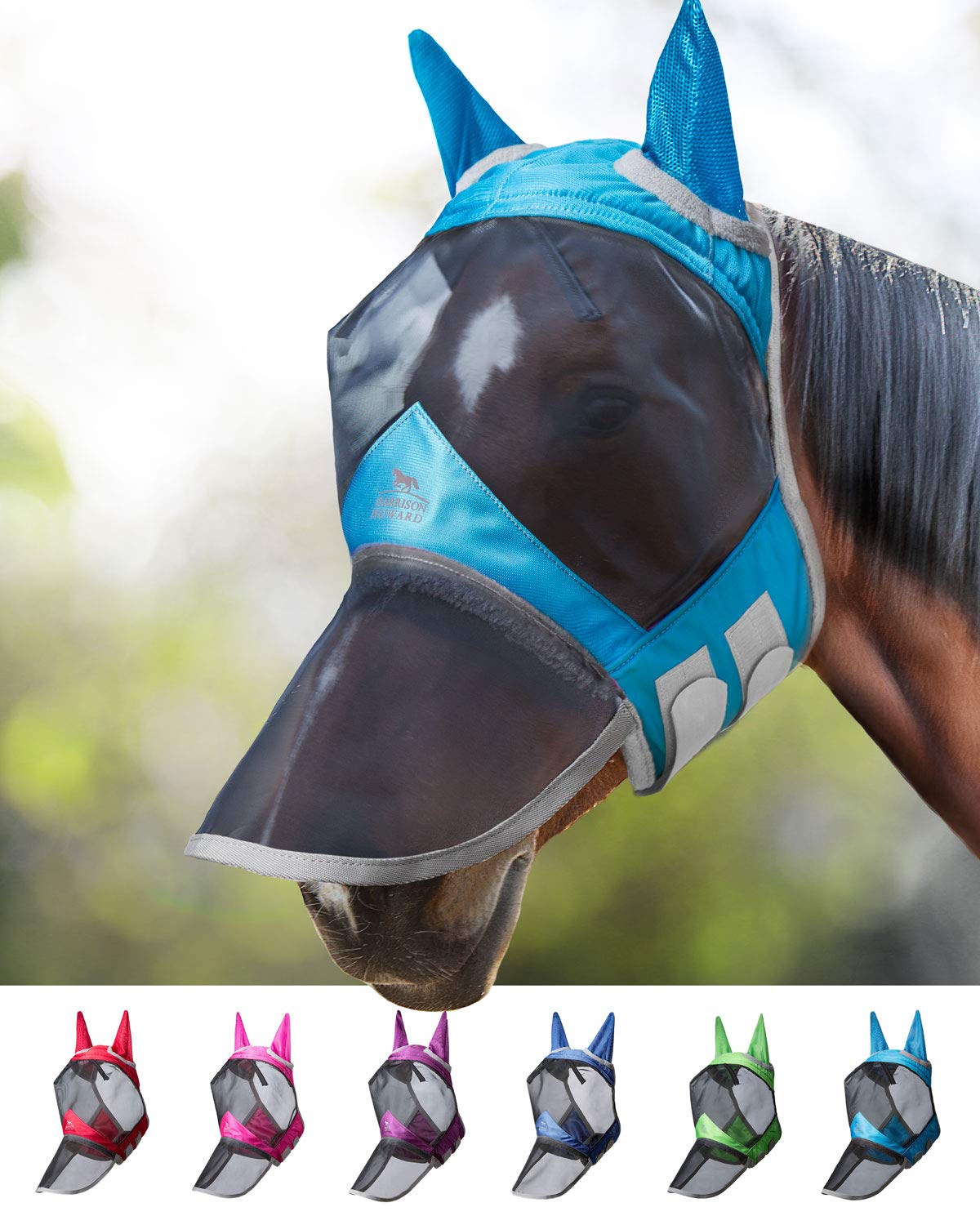 Harrison HowardCareMaster Pro Luminous Horse Fly Mask Large Eye Space Long Nose with Ears UV Protection for Horse Sky Blue L Full Size