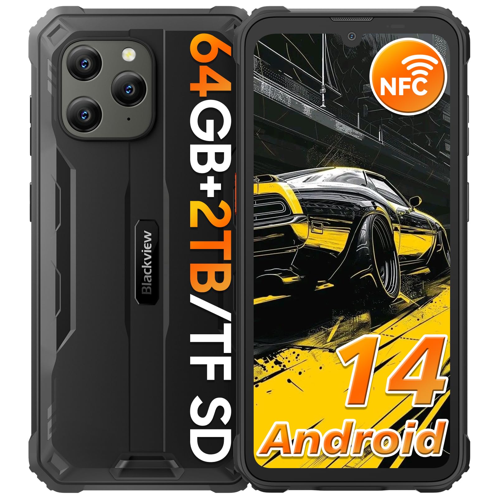 BlackviewRugged Smartphone Android 14, BV5300Pro 12GB+64GB/1TB, 6580mAh Battery, 6.1" HD+ Display,3 Cards Slot, IP68/IP69K Waterproof Phone,13MP Camera 4G Dual SIM/NFC/OTG/Face ID-Black