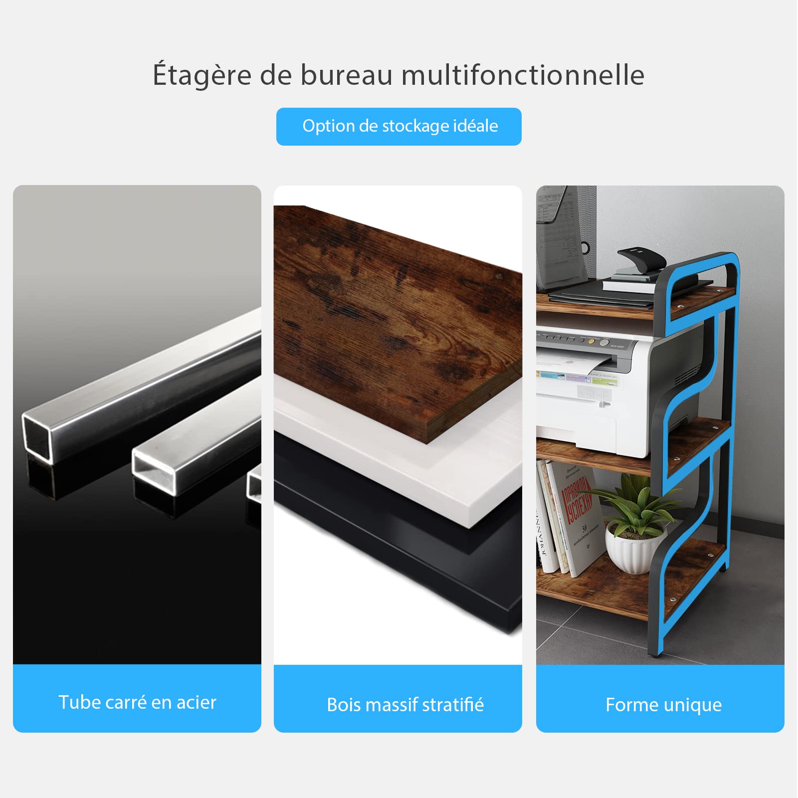 PUNCIA Support Imprimante à 3 Niveaux Meuble pour Imprimante 55x40x84 CM | avec Stockage Support pour Imprimante Étagère Imprimante en Bois Meuble de Rangement Scanner Fax pour Bureau Maison (Marron)