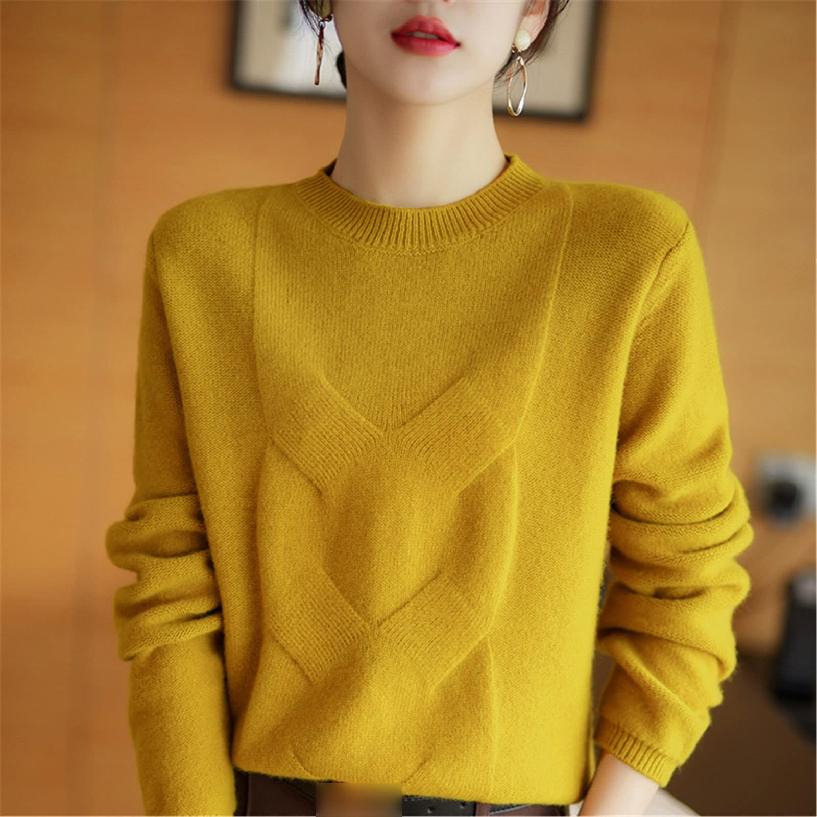 Kelsiop 100% lana merino suéter de las mujeres cuello redondo suéter otoño invierno moda punto parte inferior camisa, gris, XXL