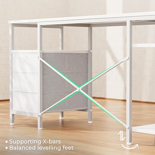 Miniatura 9 de Huuger Escritorio de oficina en forma de L con tomas de corriente, escritorio para computadora de 47 pulgadas con 3 cajones, estantes, para juegos,