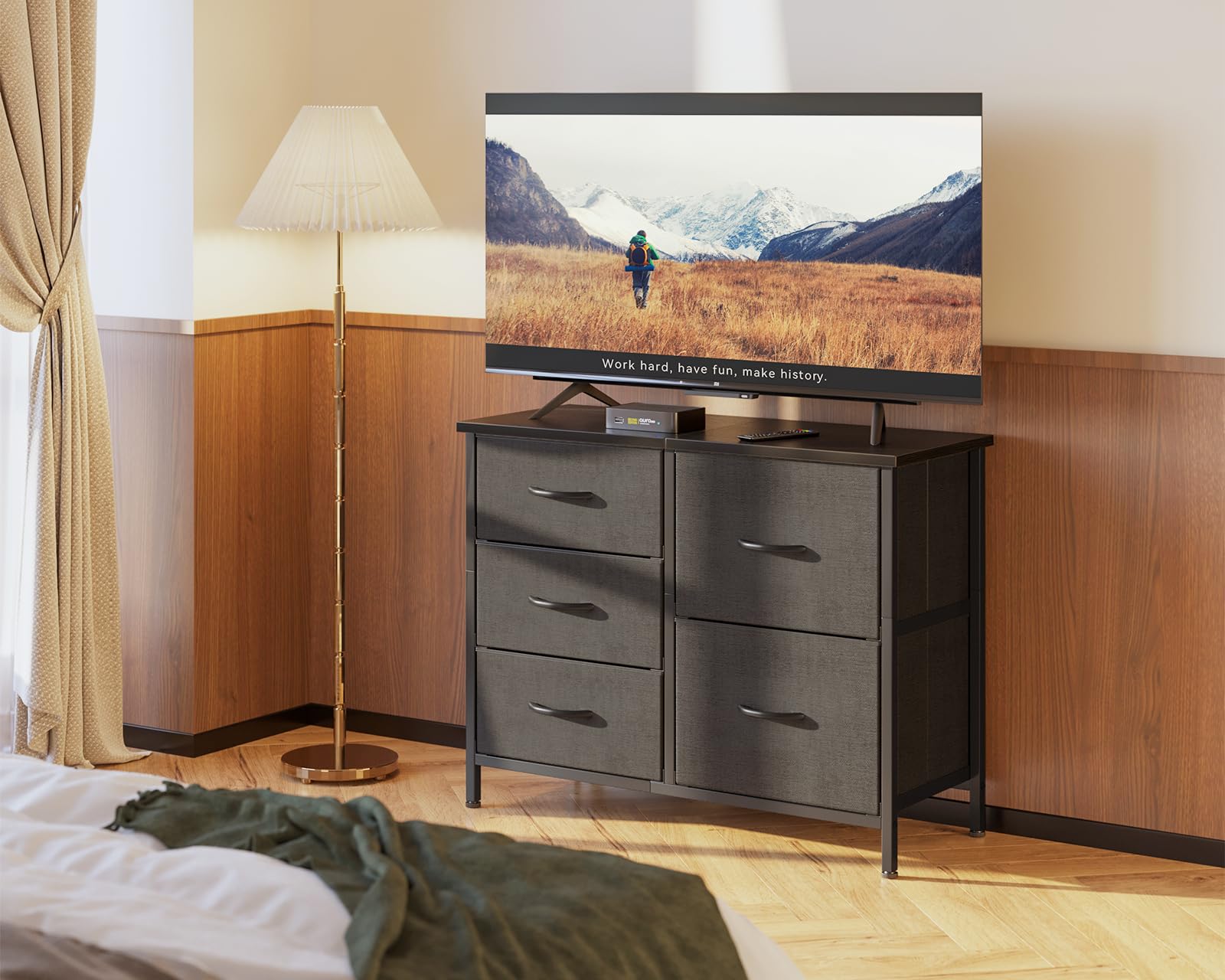 Coleshome Kommode mit 5 Stoffschubladen, Kommode mit Schubladen mit 2 Große und 3 Kleine, Holzplatte Robustem Stahlrahmen, Geeignet für Schlaf- und Wohnzimmer, 76 x 29 x 60cm, Schwarz