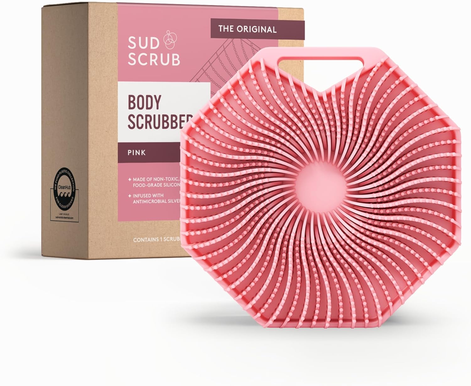 Sud Scrub® Antimicrobial Silicone Body Scrubber, Exfoliating Body Scrubber for Sensitive Skin, Eco Friendly Shower Scrubber for Body, Silicone Body Brush for Showering, Pink
