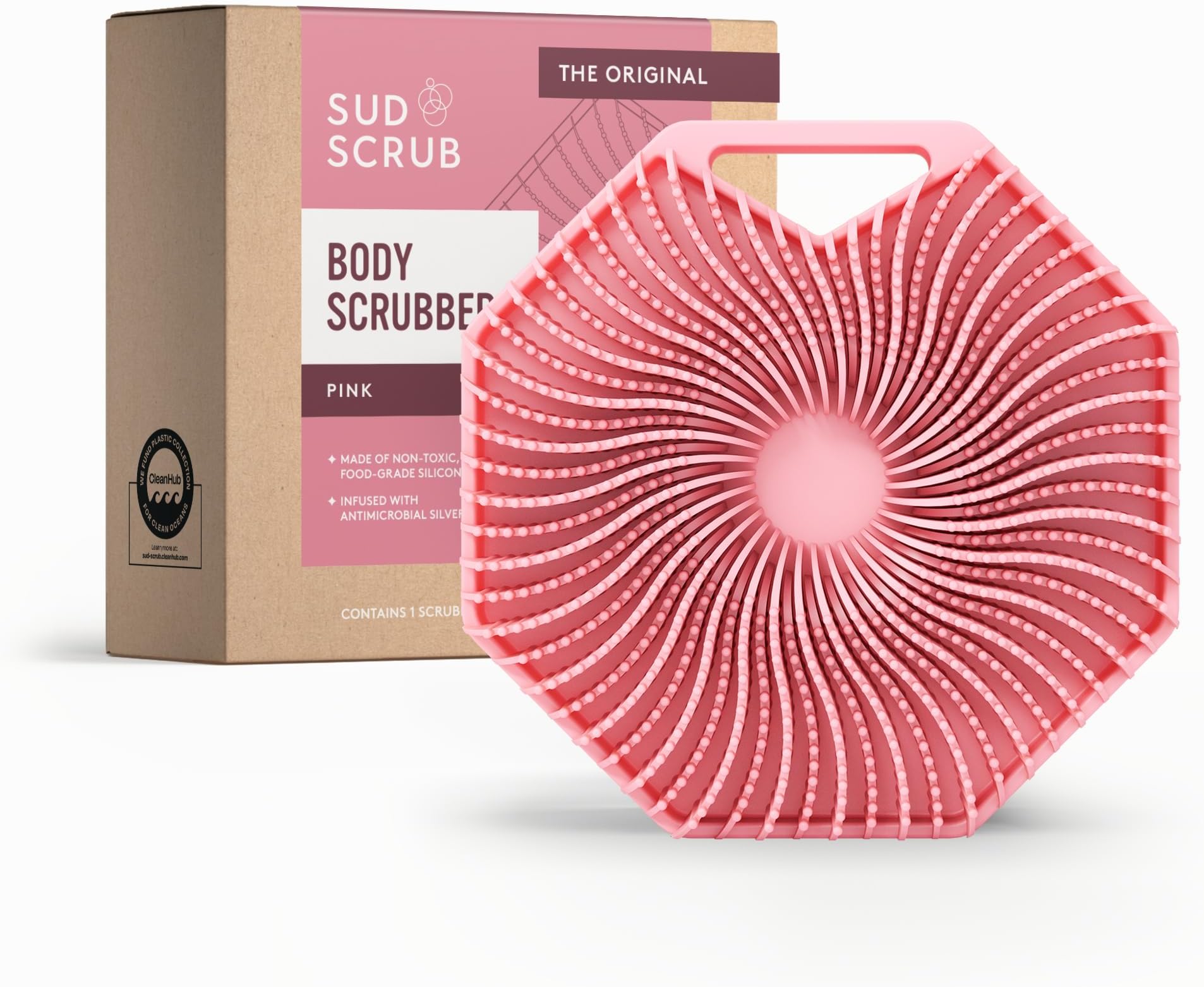 Sud Scrub Antimicrobial Silicone Body Scrubber, Exfoliating Body Scrubber for Sensitive Skin, Eco Friendly Shower Scrubber for Body, Silicone Body Brush for Showering, Lathers Well, Pink