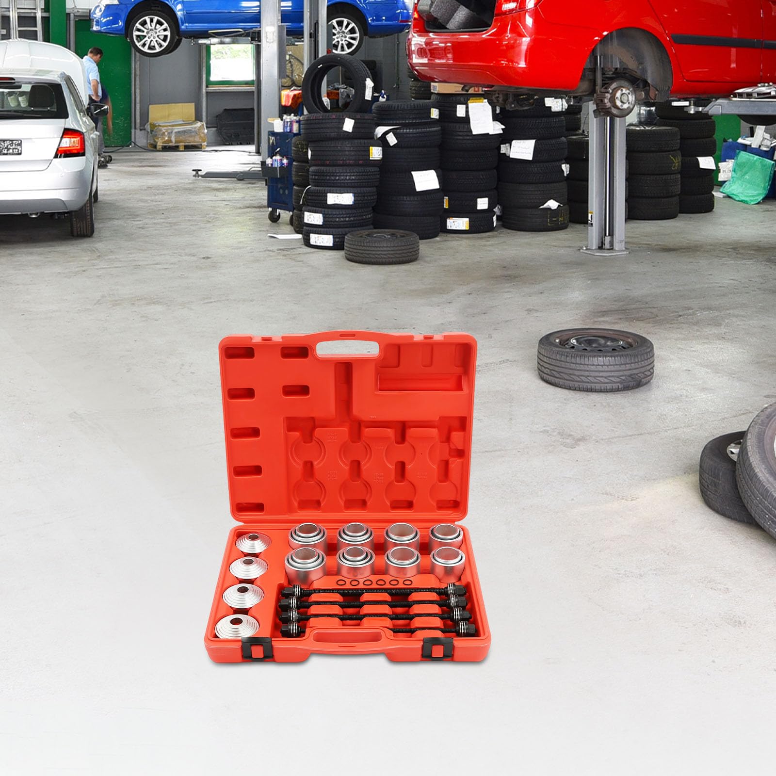 Kit strumento Silentblock, 28 pezzi, presa pressa M10-M16 per sospensioni | Estrazione Sostituzione Anello Gomma Auto Camion, 20 Prese Acciaio 45# con Valigetta Stoccaggio