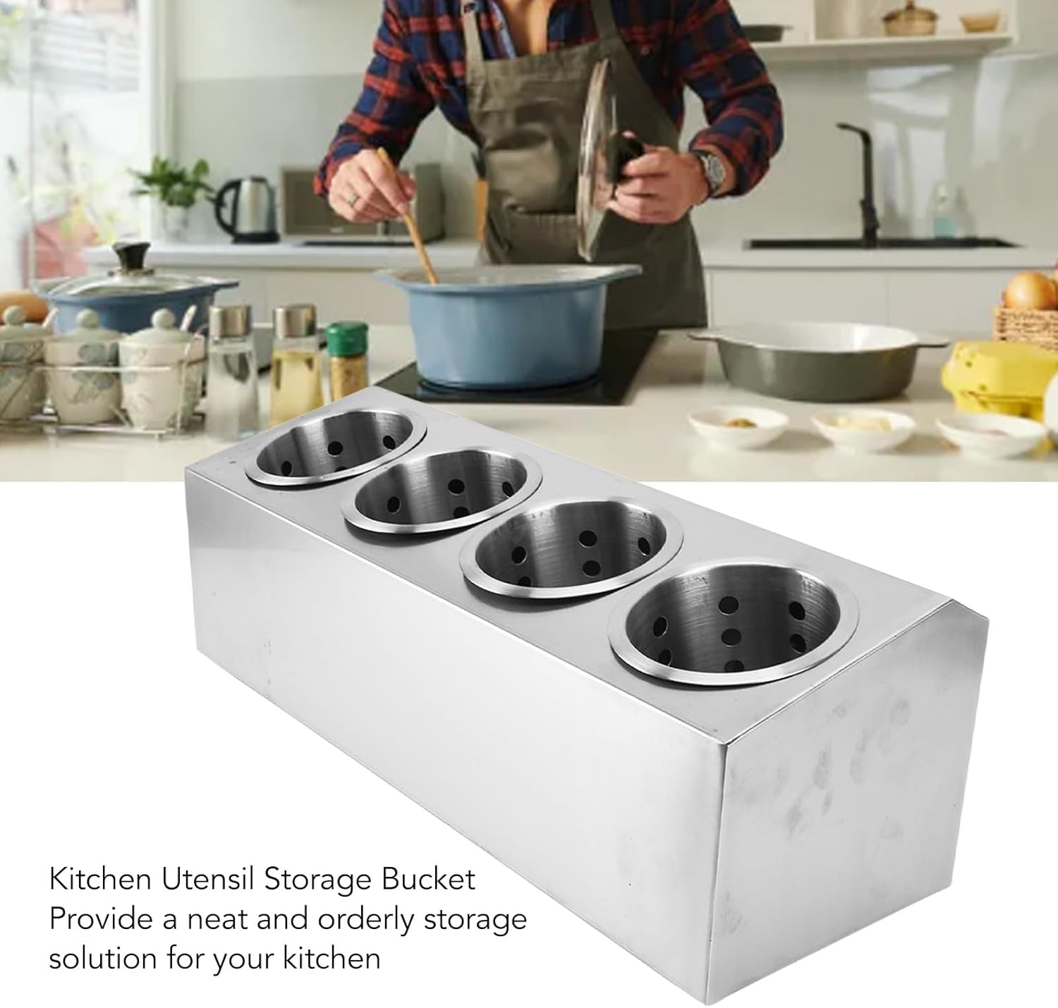 Sorandy Stainless Steel Utensil Holder, Kitchen Utensil Holder Countertop Cutlery Organizer with Non Slip Bottom Knife Fork Storage Bucket Flatware Caddy for Kitchen, Dining,, 4 Holes