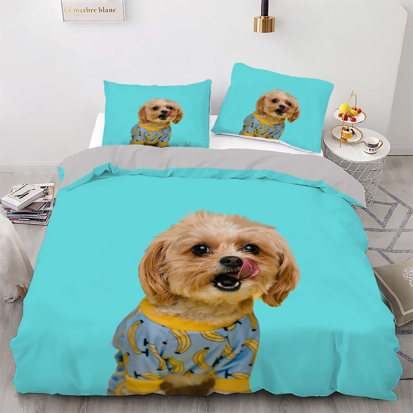 Housse de couette 160x200 chien bleu en microfibres avec taies