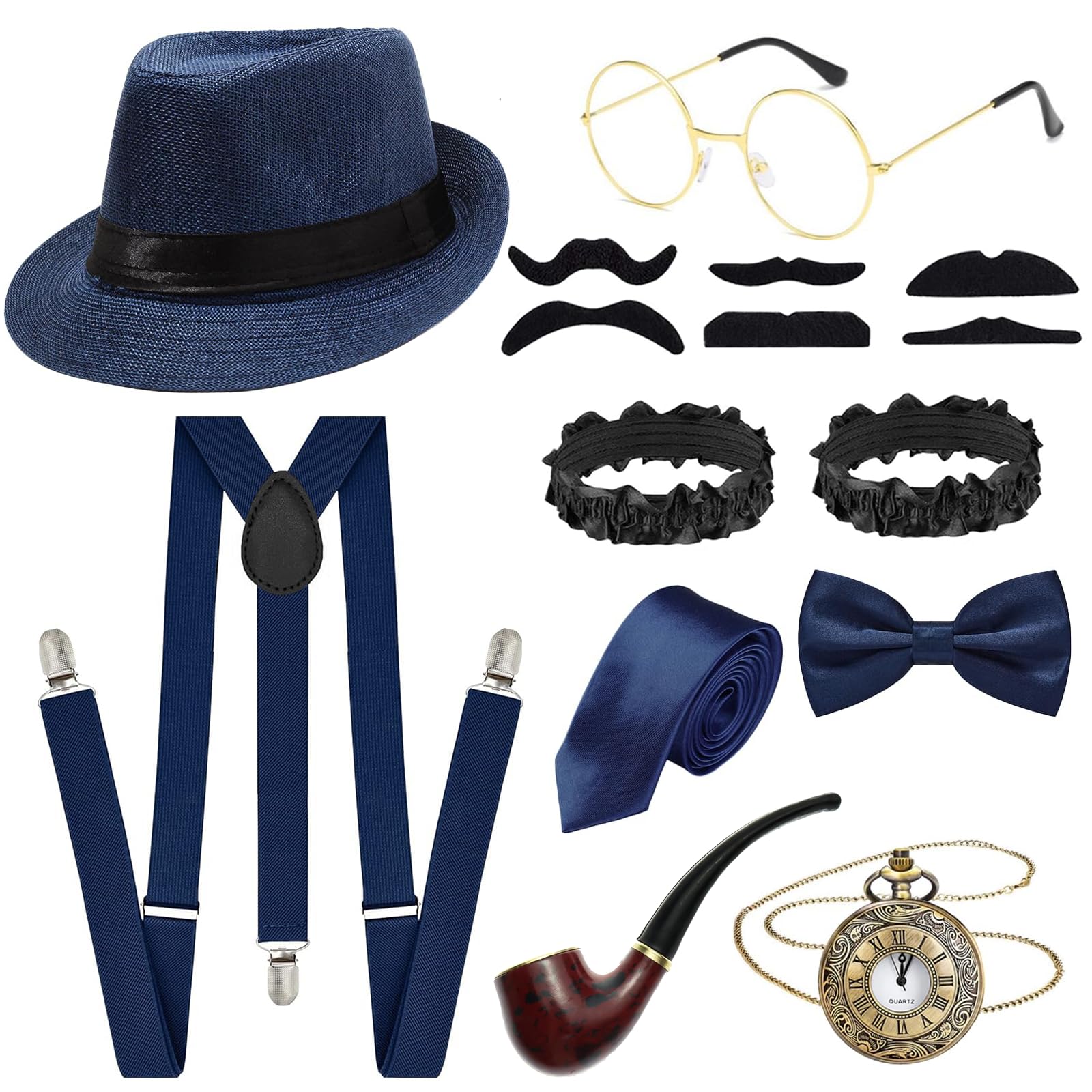 iSharely 1920s Accessories for Men, Gentleman Fancy Dress Set with Hat Suspenders Pocket Watch Bow Tie Beards Glasses Pipe Great Gatsby Gangster Costume for Roaring 20s Halloween Theme Party (Navy)