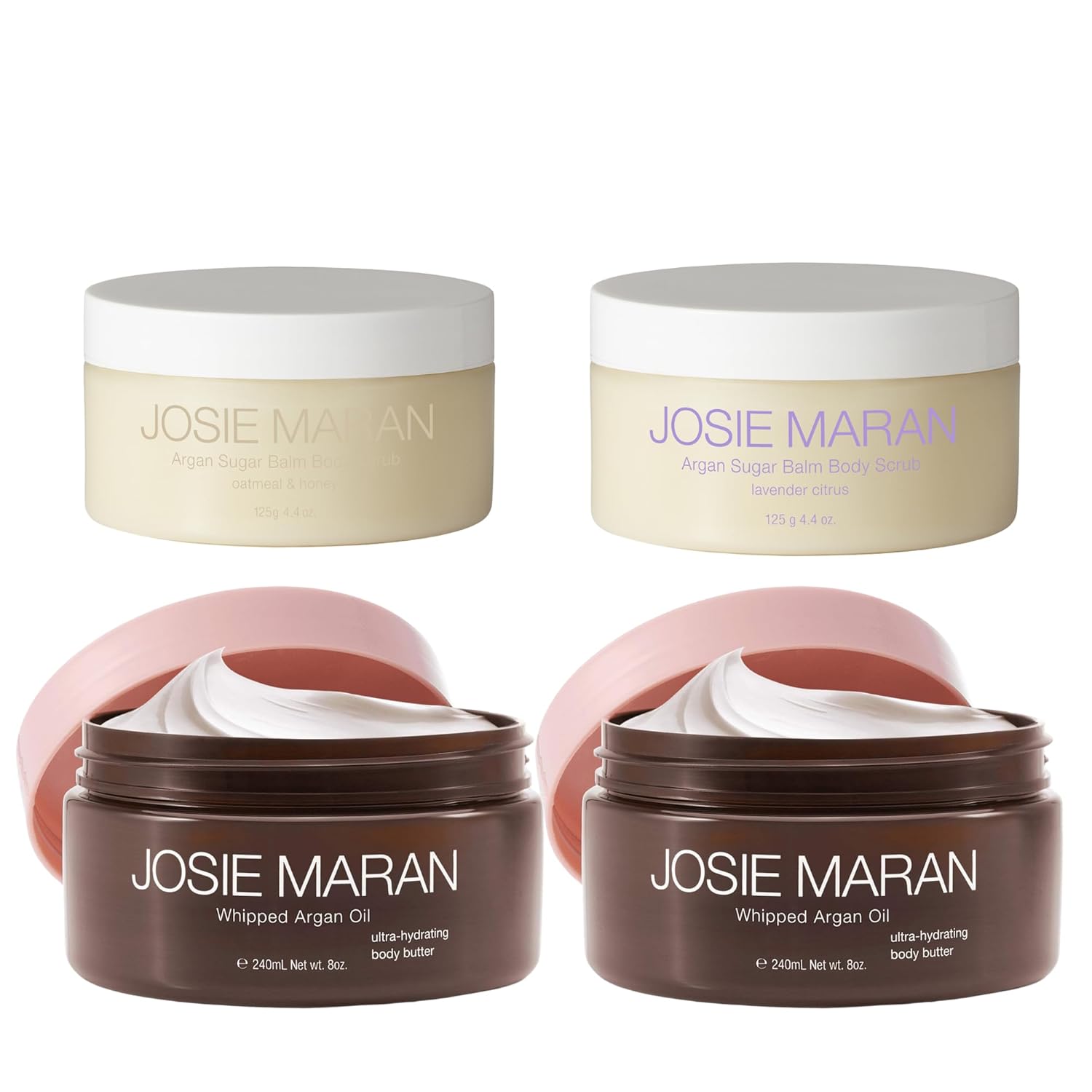 Josie Maran Bod Squad Body Care Set – Includes 2 Argan Sugar Scrubs & 2 Body Butters – Nourishes Skin with Gentle Exfoliation and Intense Hydration – Oat Milk & Honey and Lavender Citrus (4 Count)