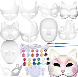 CHSG 40 Piezas Papel Blanco Bricolaje Máscara de Pulpa en Blanco, Con cuerda, pigmento, pluma, bandeja color, mascara disfraz, Máscaras Pintada Mano para Manualidades Cosplay Fiestas Careta Halloween