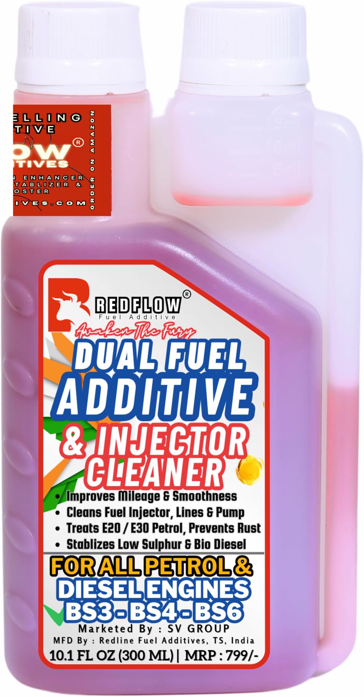 Red Flow Diesel & Petrol Additive | Injector Cleaner (300ML), Treats 60L Diesel & 150L E20 Petrol, for All Cars, Bikes, Scooters. Keeps Engine Clean, Improves Engine Smoothness, Fuel Economy.