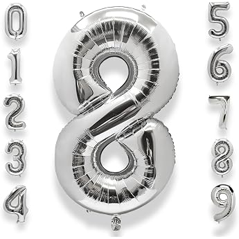 AULE Balloon Number 8 Silver XXL 101 cm Foil Balloon Birthday Silver 8 Years Numbers 40 Inch Helium Balloon Number Balloon for Anniversary Decoration