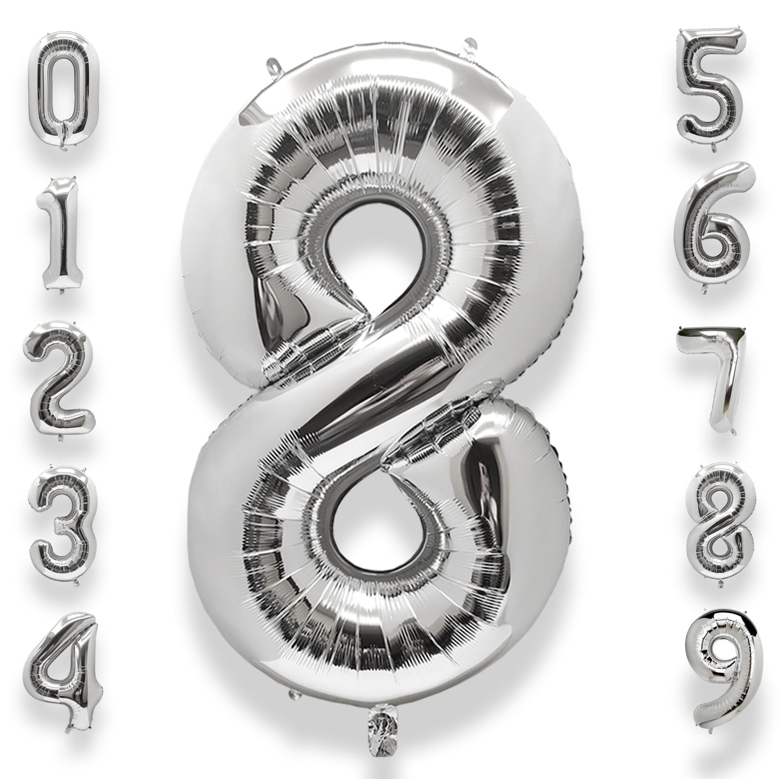 AULE 40 Inch Big Silver 8 Balloon Number Large Foil Helium Number Balloons 0-9 Jumbo Giant Happy 8th Birthday Party Decorations for Boy or Girl Huge