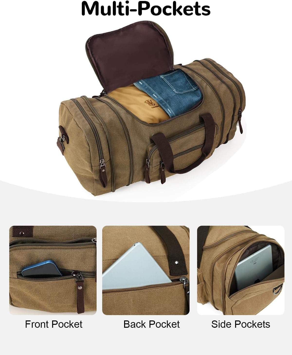 35-40L Expandable Canvas Travel Duffle Bag for Men, Vintage Overnight Weekender Bag with Multi-pocket, Khaki - Image 3