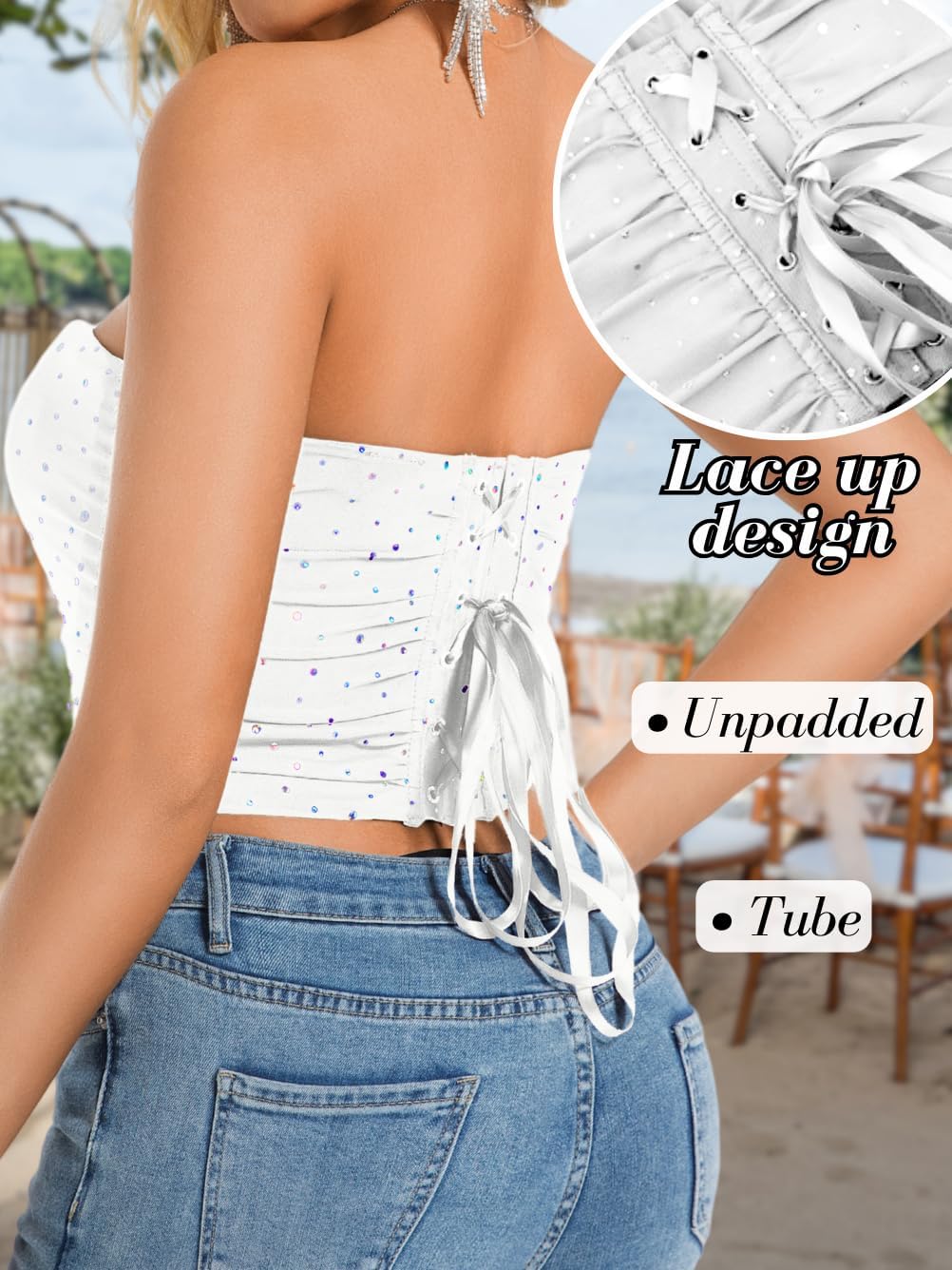 EHSUYAB Women Sexy Lace Up Corset Top, Sparkly Rhinestone Sequin Tube Mesh Bustier Tops, Club Outfit Birthday Party Going Out