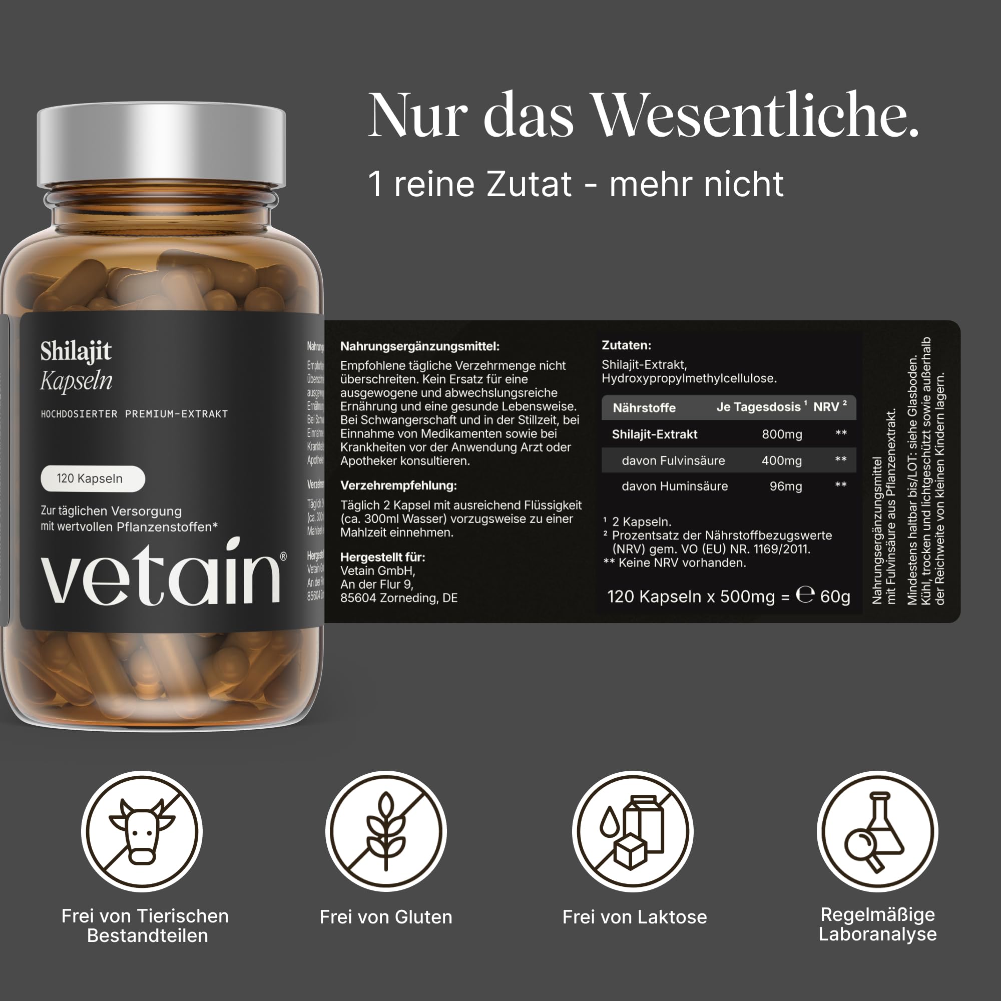 VETAIN Original Himalaya Shilajit - 800 mg - 50% Fulvinsäure & 12% Huminsäure - 120 Kapseln aus Shilajit Extrakt - Hochdosiert, vegan & ohne Zusätze – laborgeprüft & produziert in Deutschland