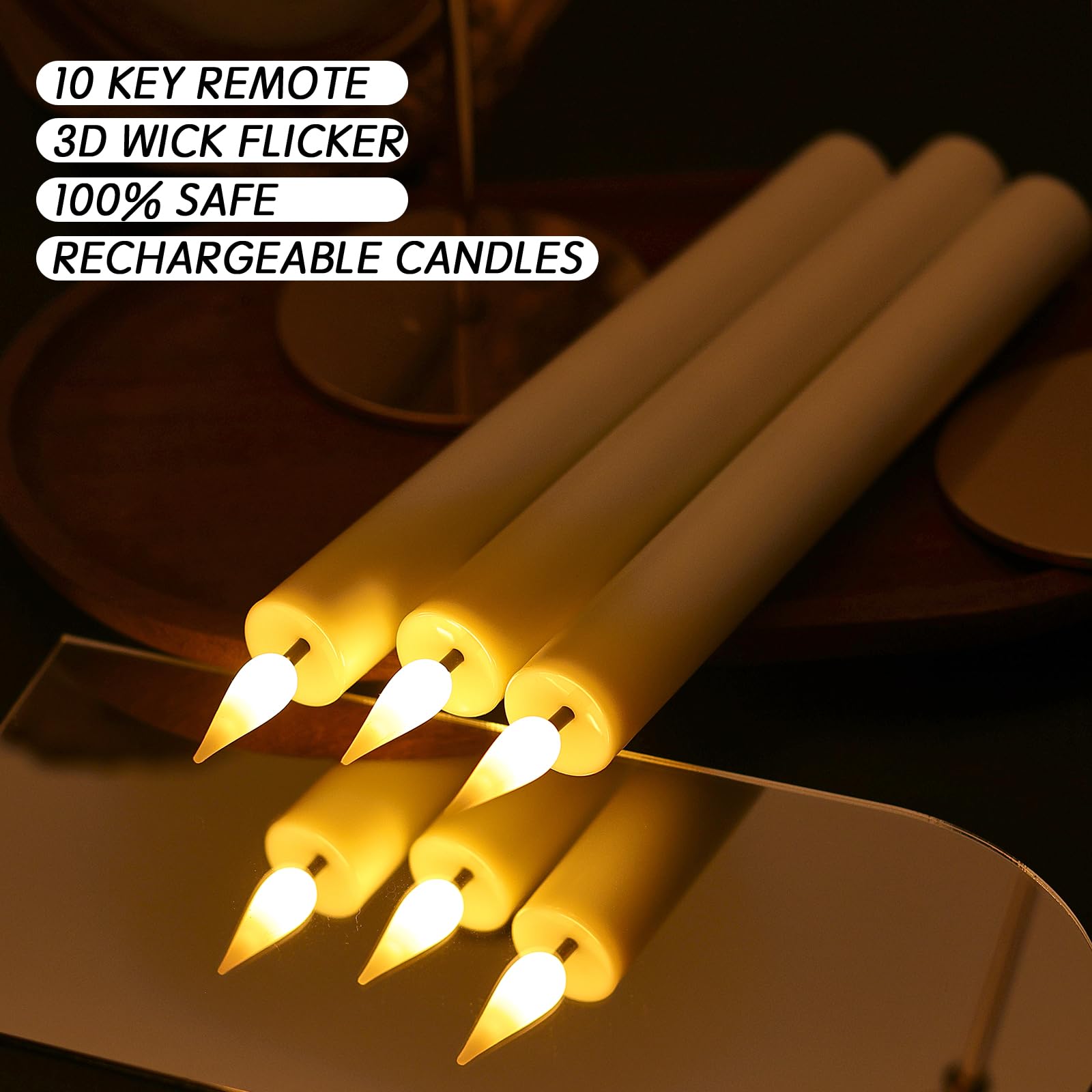 Lot de 9 bougies coniques rechargeables sans flamme avec télécommande et minuteur, 2,2 x 23,4 cm, LED à piles vacillantes réalistes pour la maison, mariage, Halloween, Noël